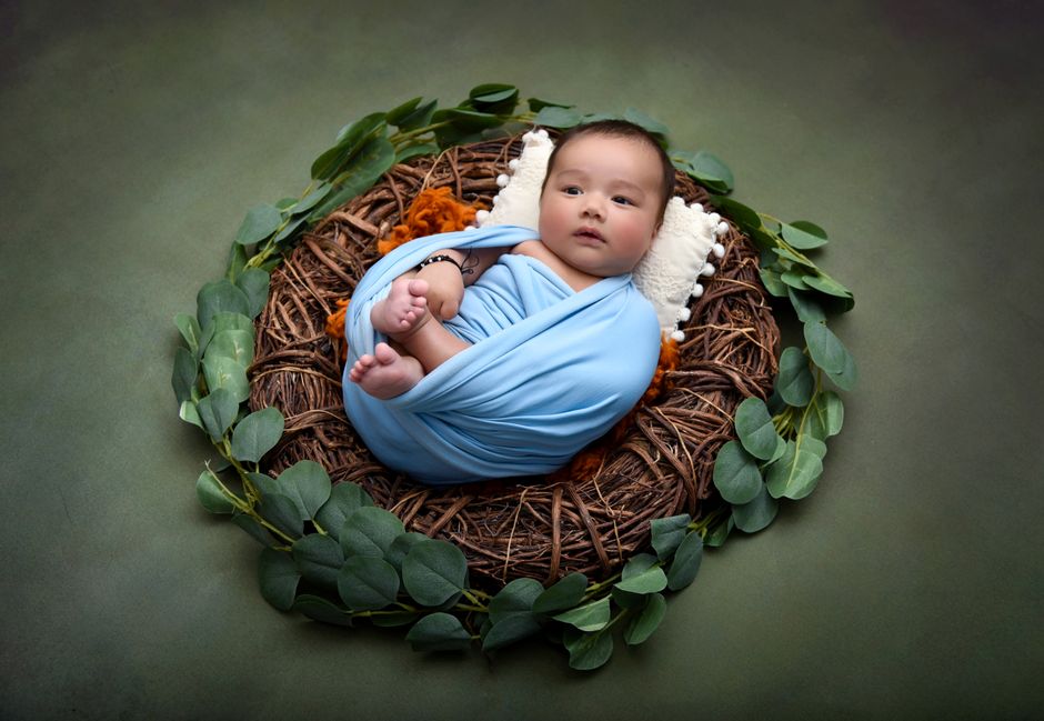 Cute baby wrapped in blue blanket, lying in a nest surrounded by leaves.